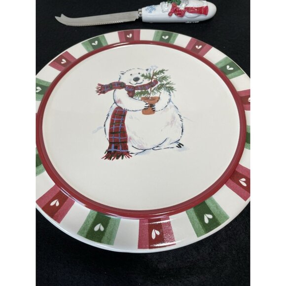 Pfaltzgraff Snow Bear Christmas Round Cheese Tray Trivet with Knife 8.5" Polar - Picture 2 of 9